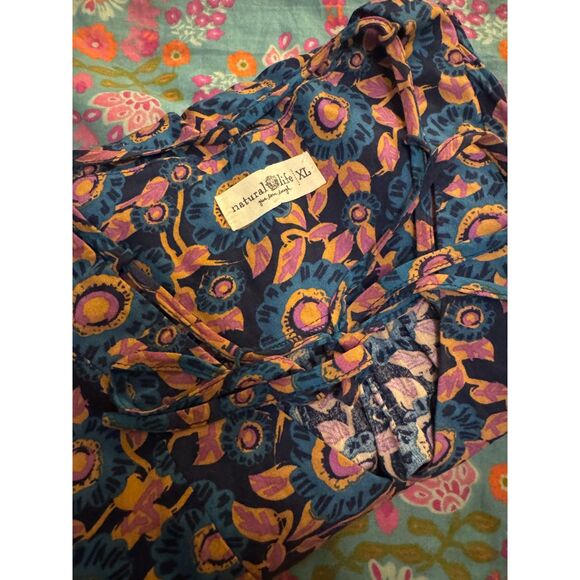 NATURAL LIFE Dress Maxi XL Blue Pink Floral Long Sleeve Tie Neck Side Slit Gypsy - Picture 12 of 14